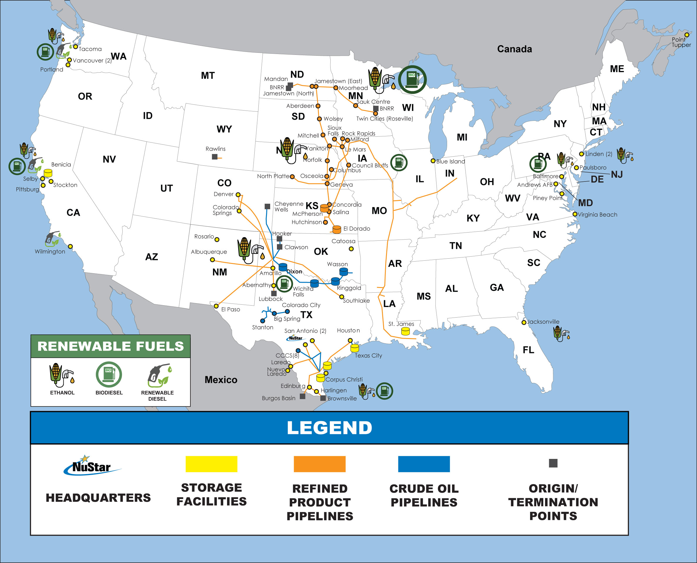 Map of North America showing NuStar’s headquarters located in San Antonio, TX. The map highlights renewable fuels of location of ethanol, biodiesel and renewable diesel.