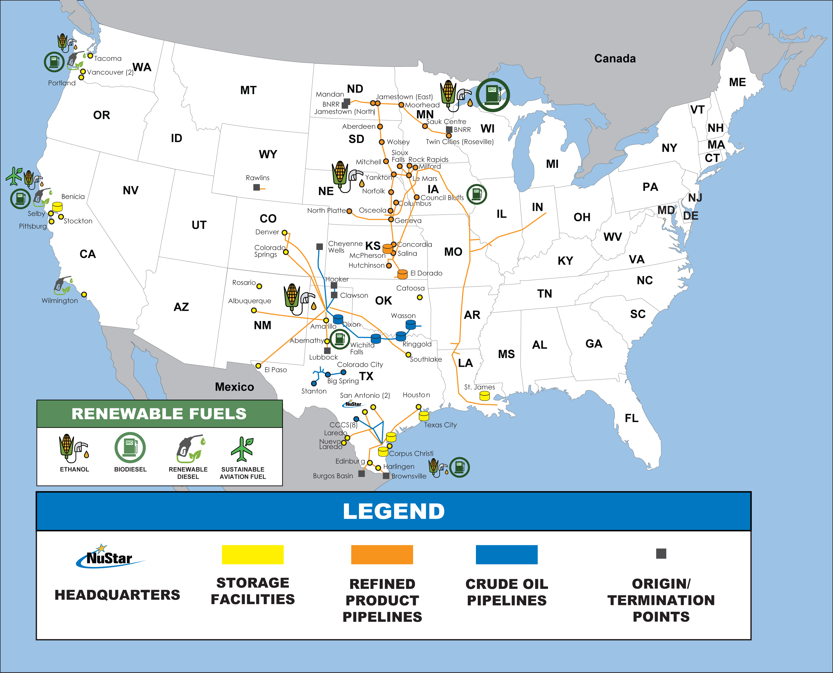 Map of North America showing NuStar’s headquarters located in San Antonio, TX. The map highlights renewable fuels of location of ethanol, biodiesel and renewable diesel.
